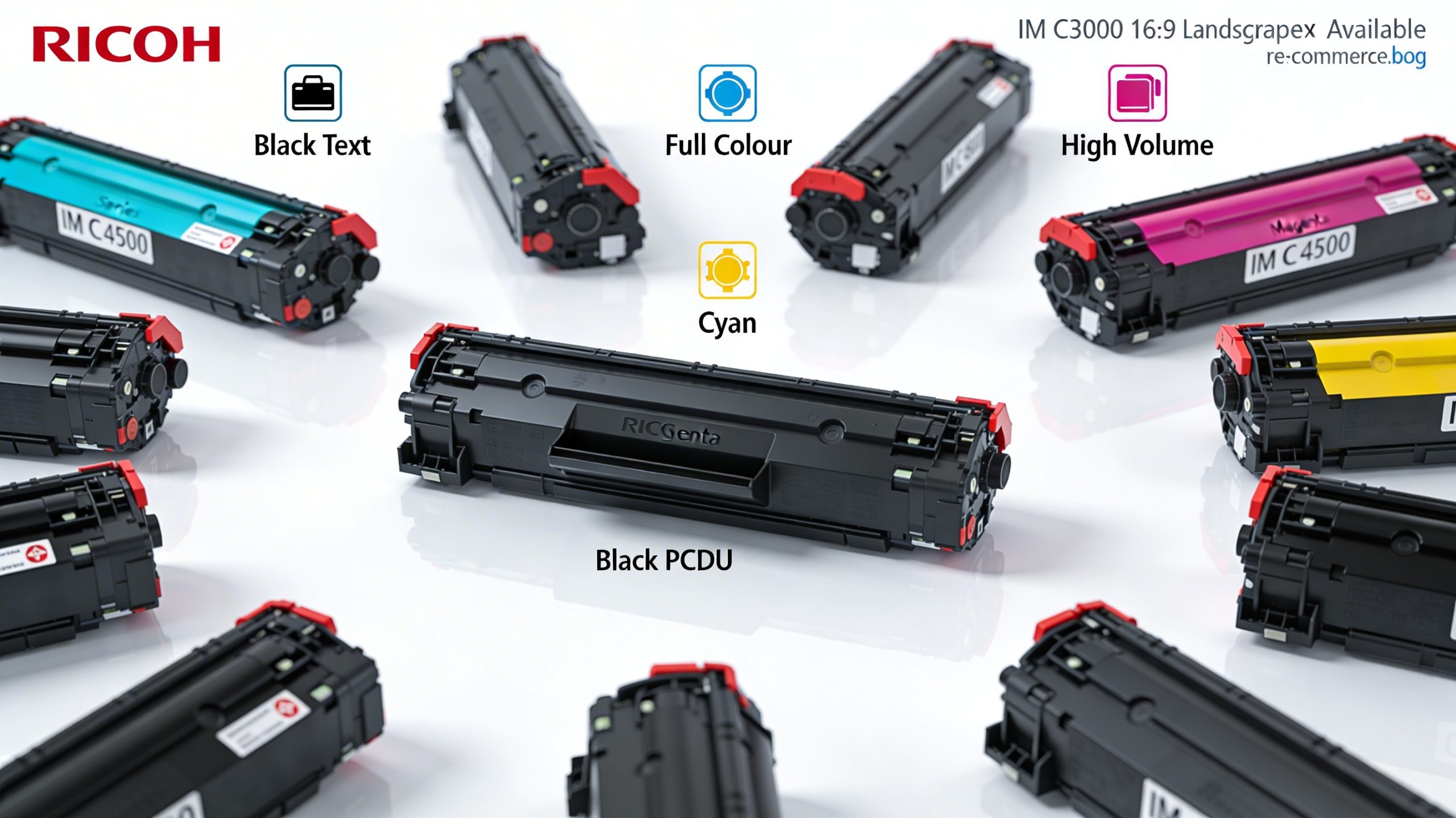 Array of Ricoh drum units including black PCDU and various colour options, showcasing the versatility for different printing needs