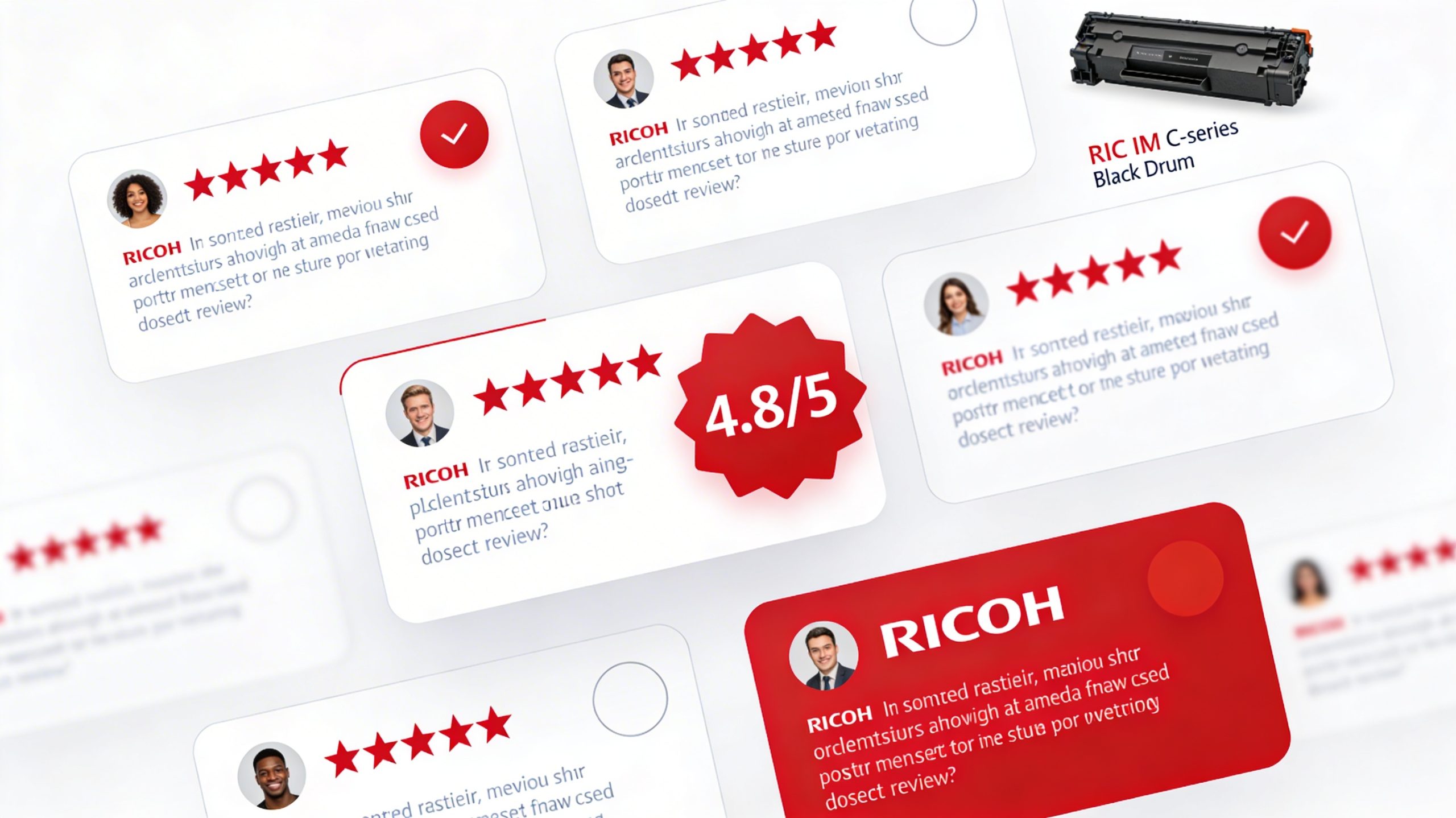 Collage of customer reviews and ratings for Ricoh IMC3000 IMC4500 drum units, reflecting positive feedback and satisfaction