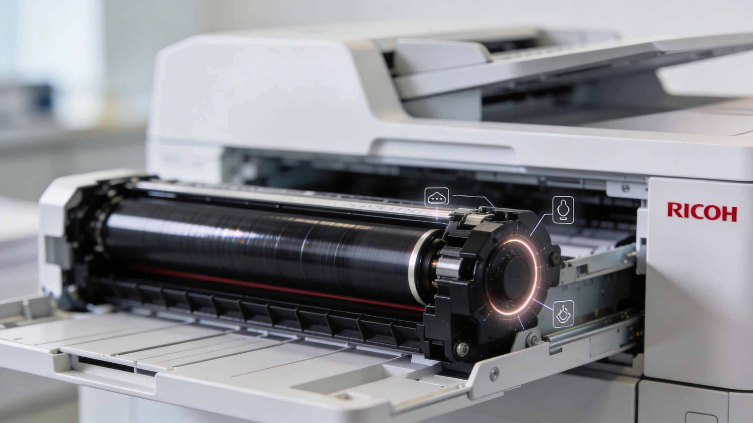 Close-up of a Ricoh printer with focus on the black drum unit, highlighting its essential role in print quality and performance