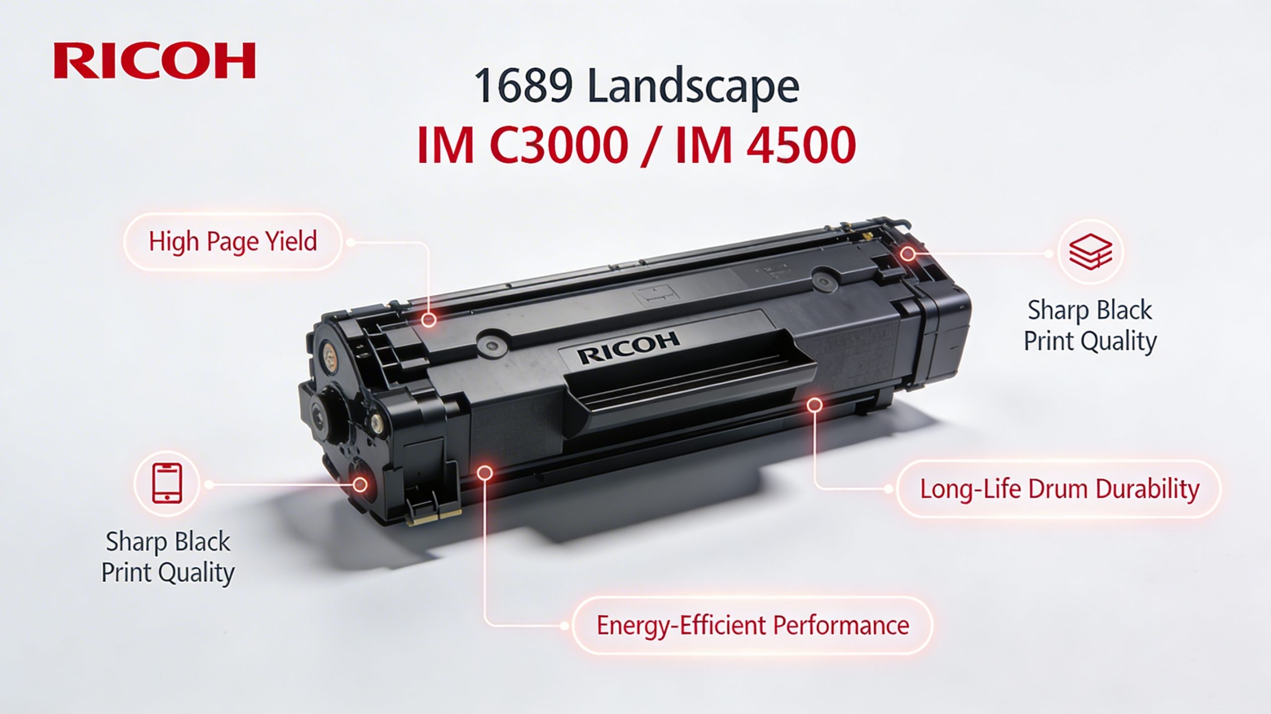 Highlighted features of the Ricoh IMC3000 IMC4500 black drum unit, emphasising its unique qualities and efficiency
