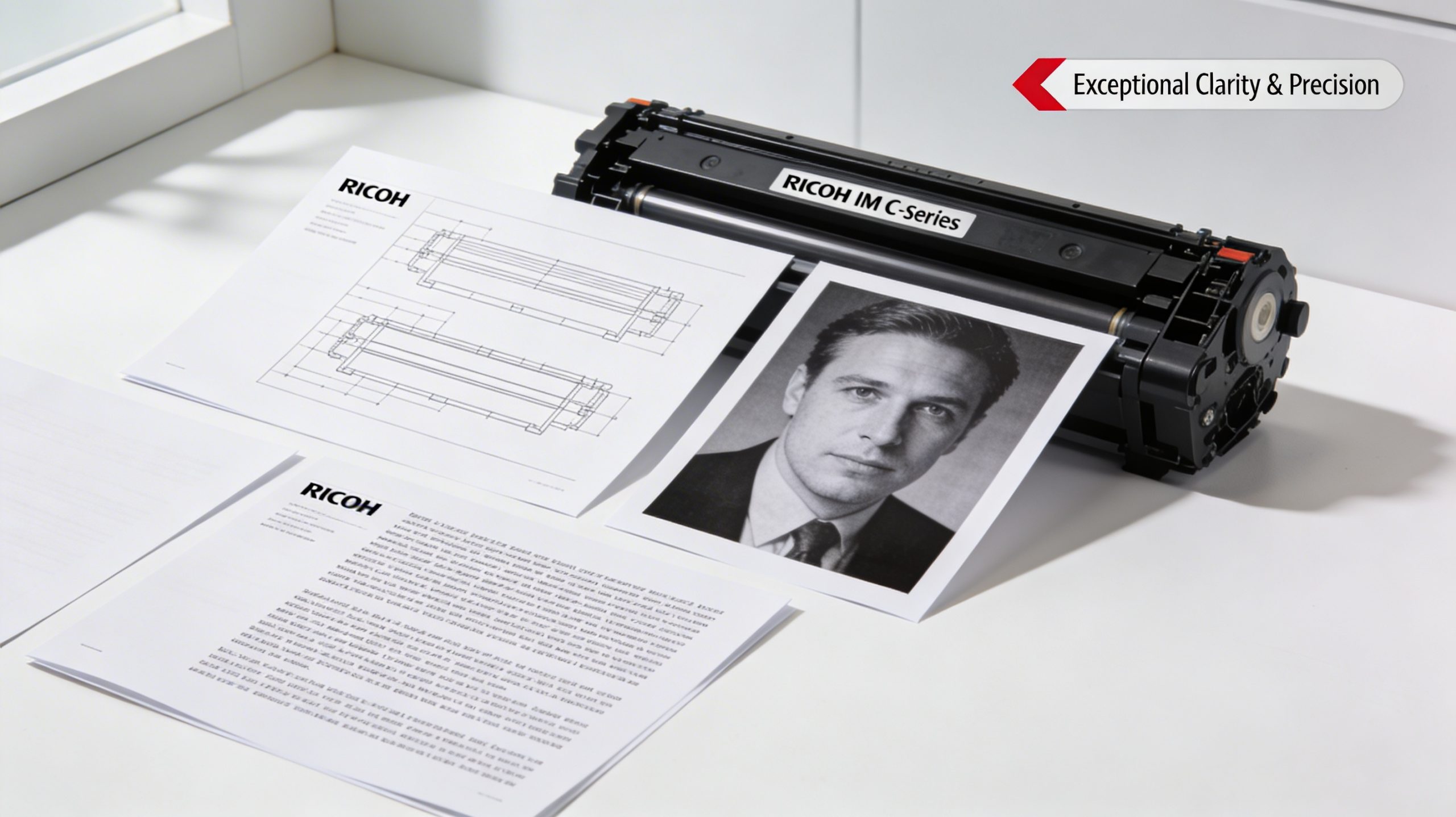 High-quality print samples produced by the Ricoh IMC3000 IMC4500 black drum unit, demonstrating its impact on print clarity and precision