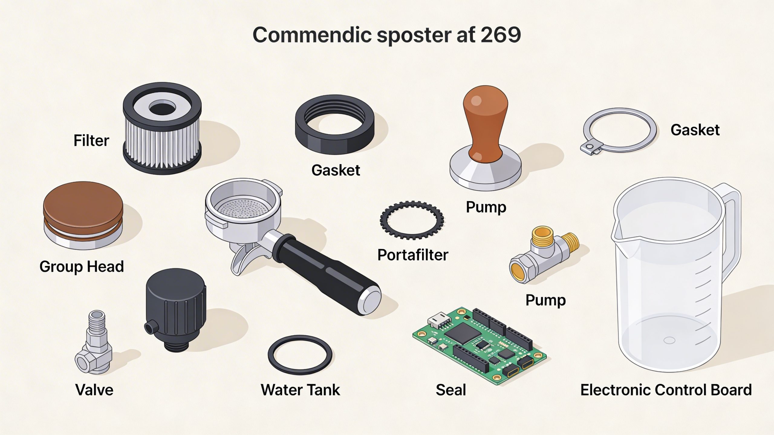 Diverse array of coffee machine spare parts displayed with labels, underscoring their importance in maintaining machine efficiency
