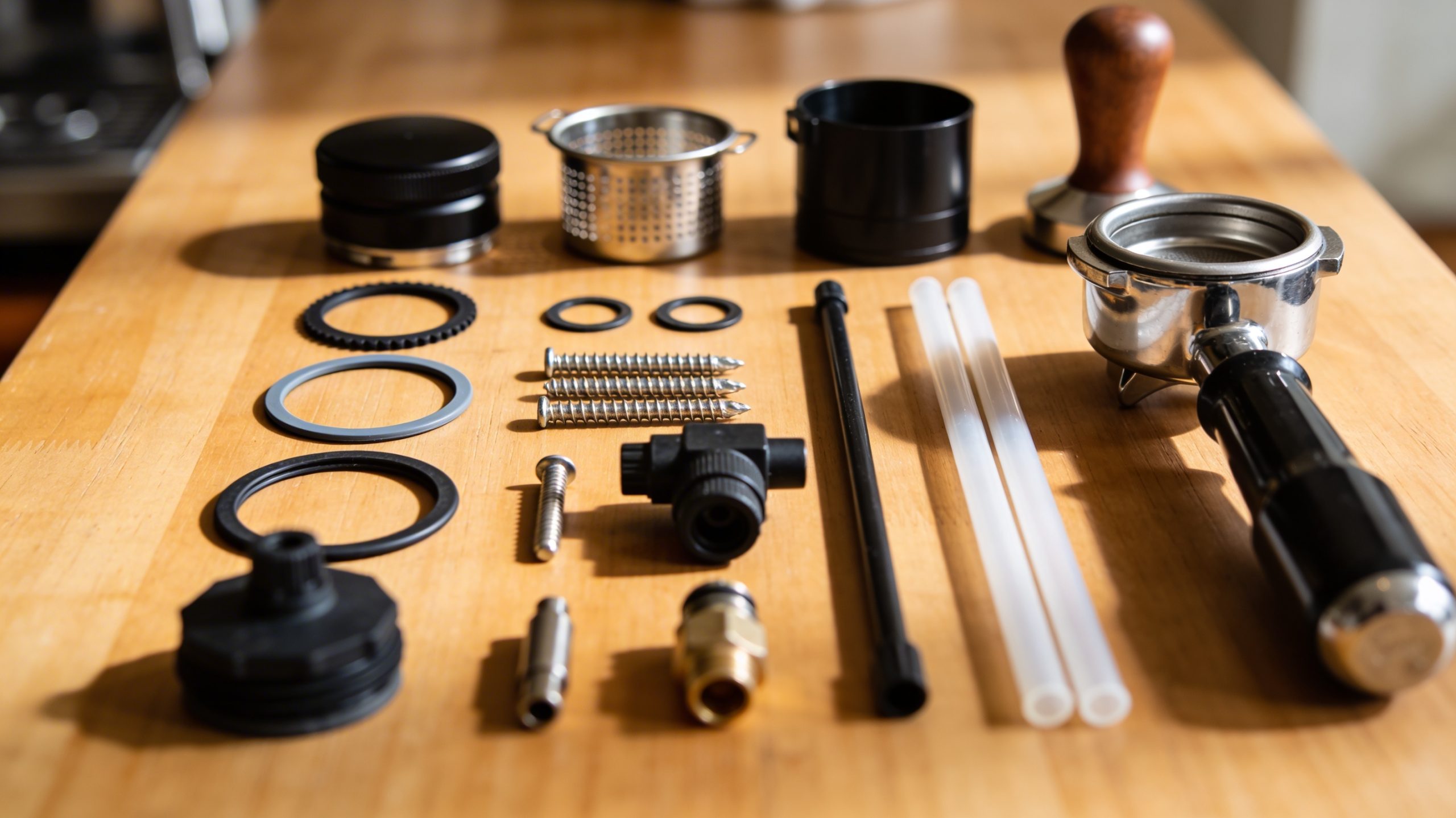 Close-up of various coffee machine spare parts neatly arranged on a wooden table, highlighting their different shapes and sizes