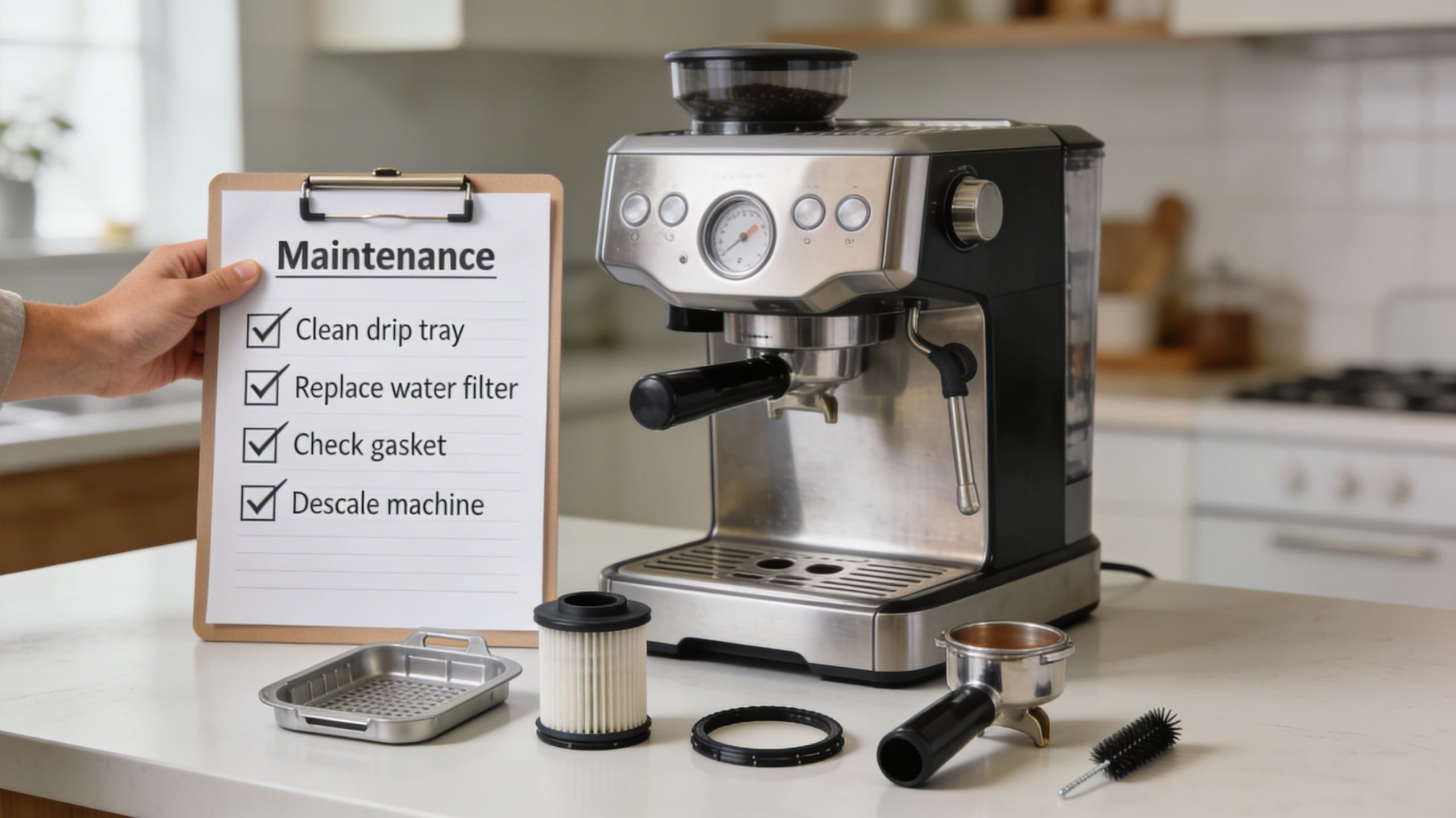 Detailed guidebook on Delonghi coffee machine parts, opened to a page with diagrams and part descriptions