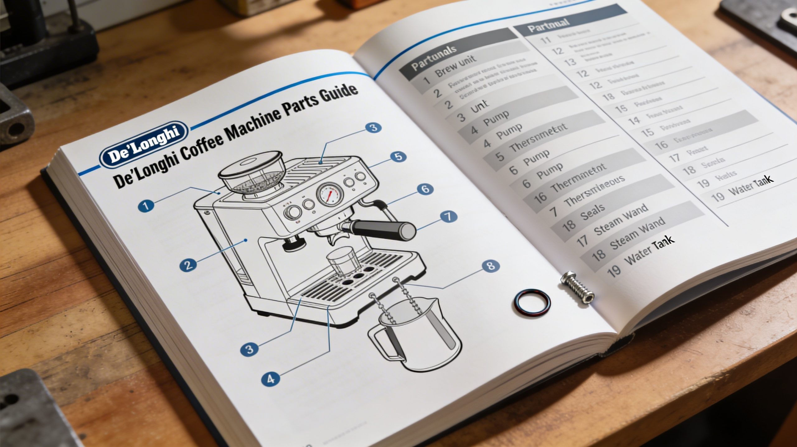 Krups coffee machine surrounded by essential spare parts like a filter, carafe, and drip tray, showcasing brand-specific components