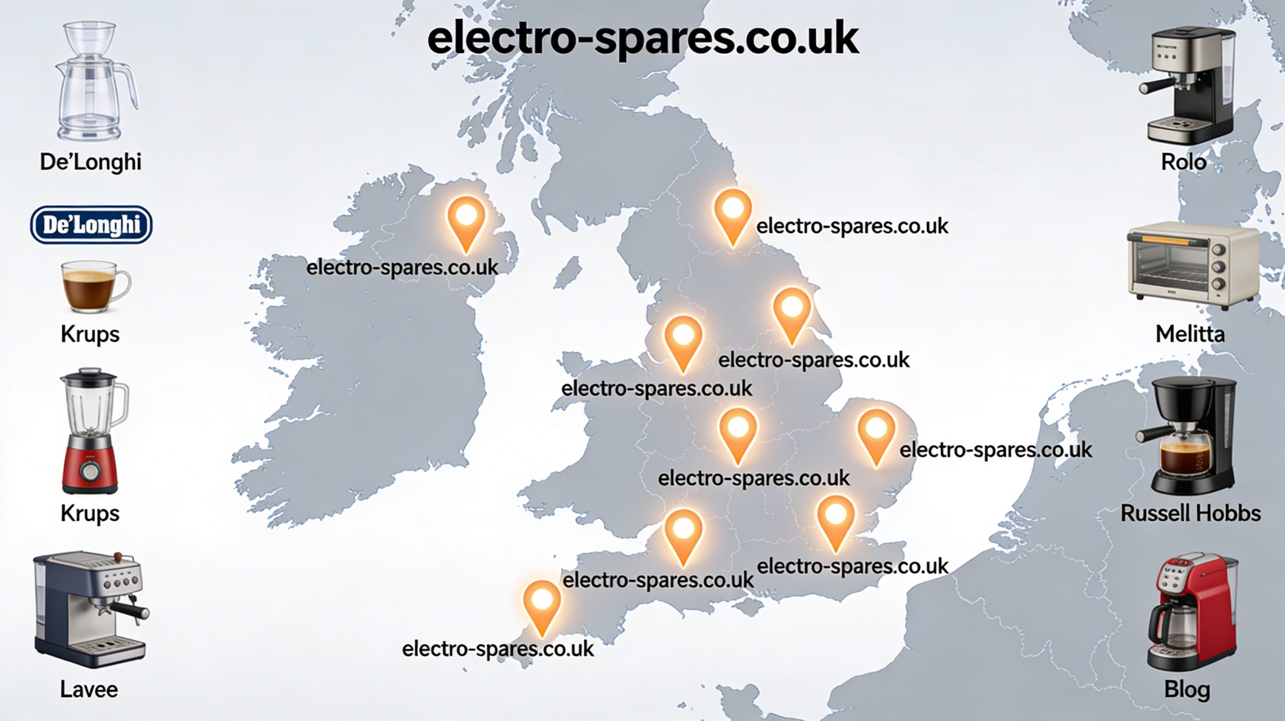 Map of the UK with highlighted locations for purchasing quality coffee machine spare parts, accompanied by icons of popular brands