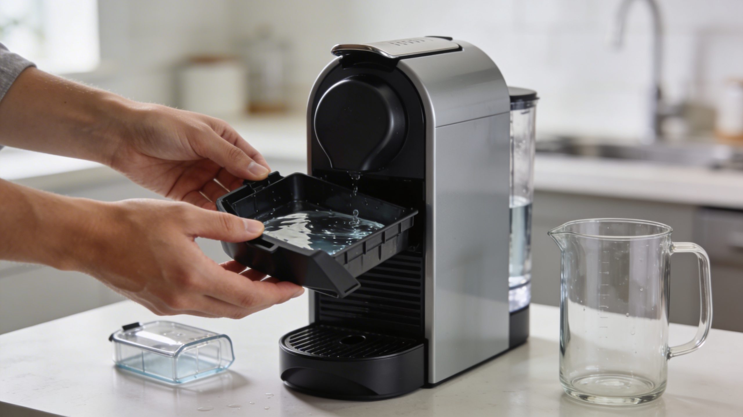 Hand holding a checklist next to a coffee machine, with various spare parts laid out, symbolising maintenance tips