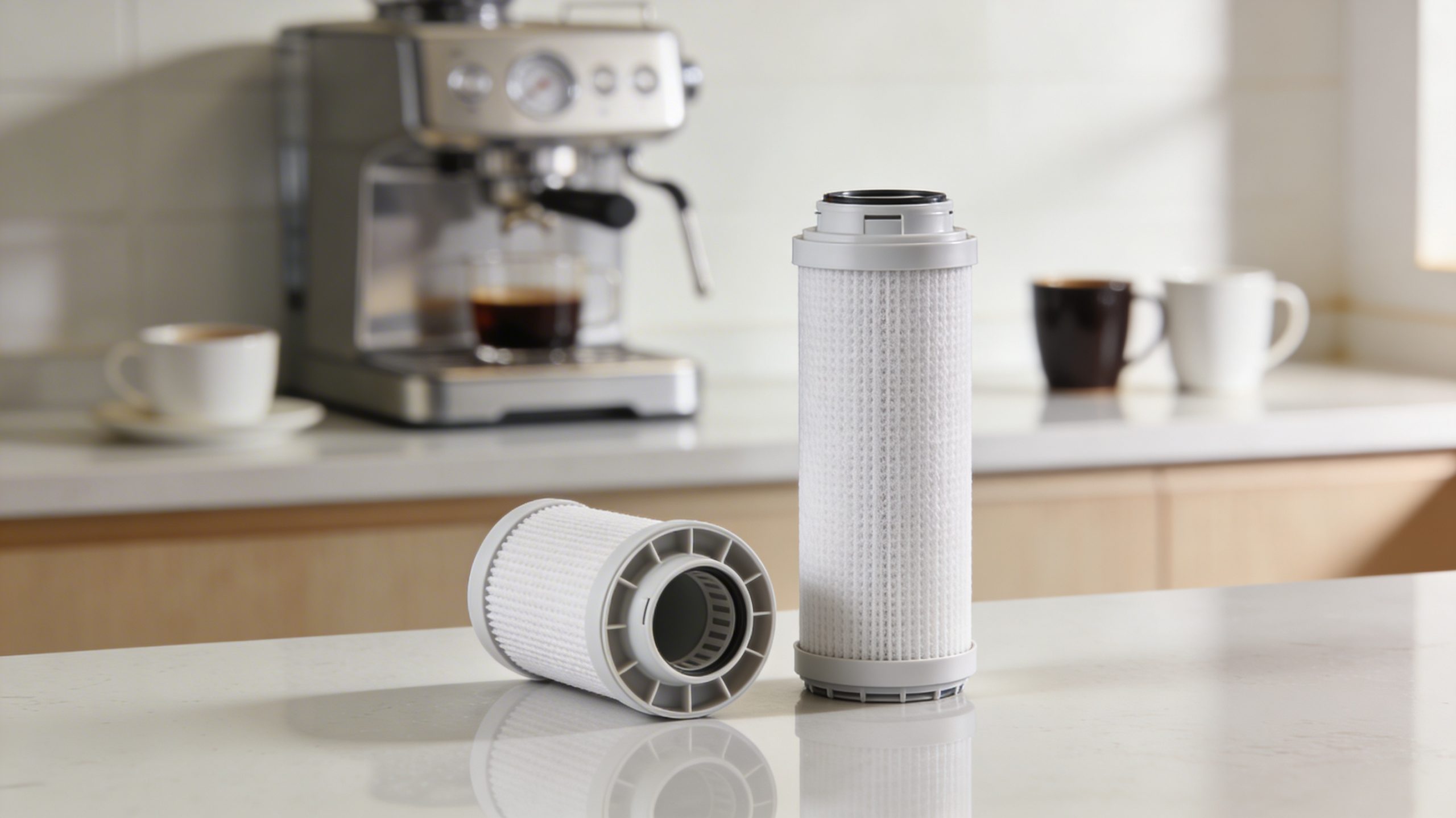 Water filter and filter holder placed side by side on a kitchen counter, emphasising the essential role they play in coffee brewing