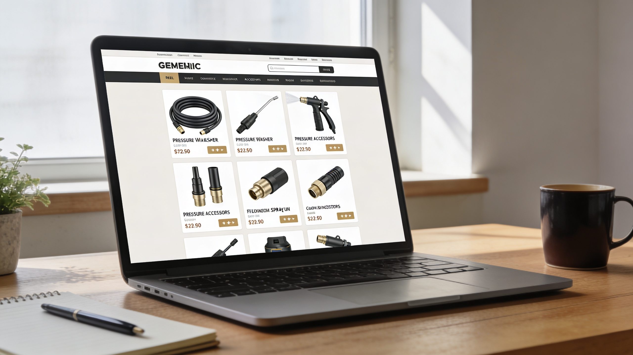 Laptop screen displaying a popular online retailer's website for pressure washer accessories