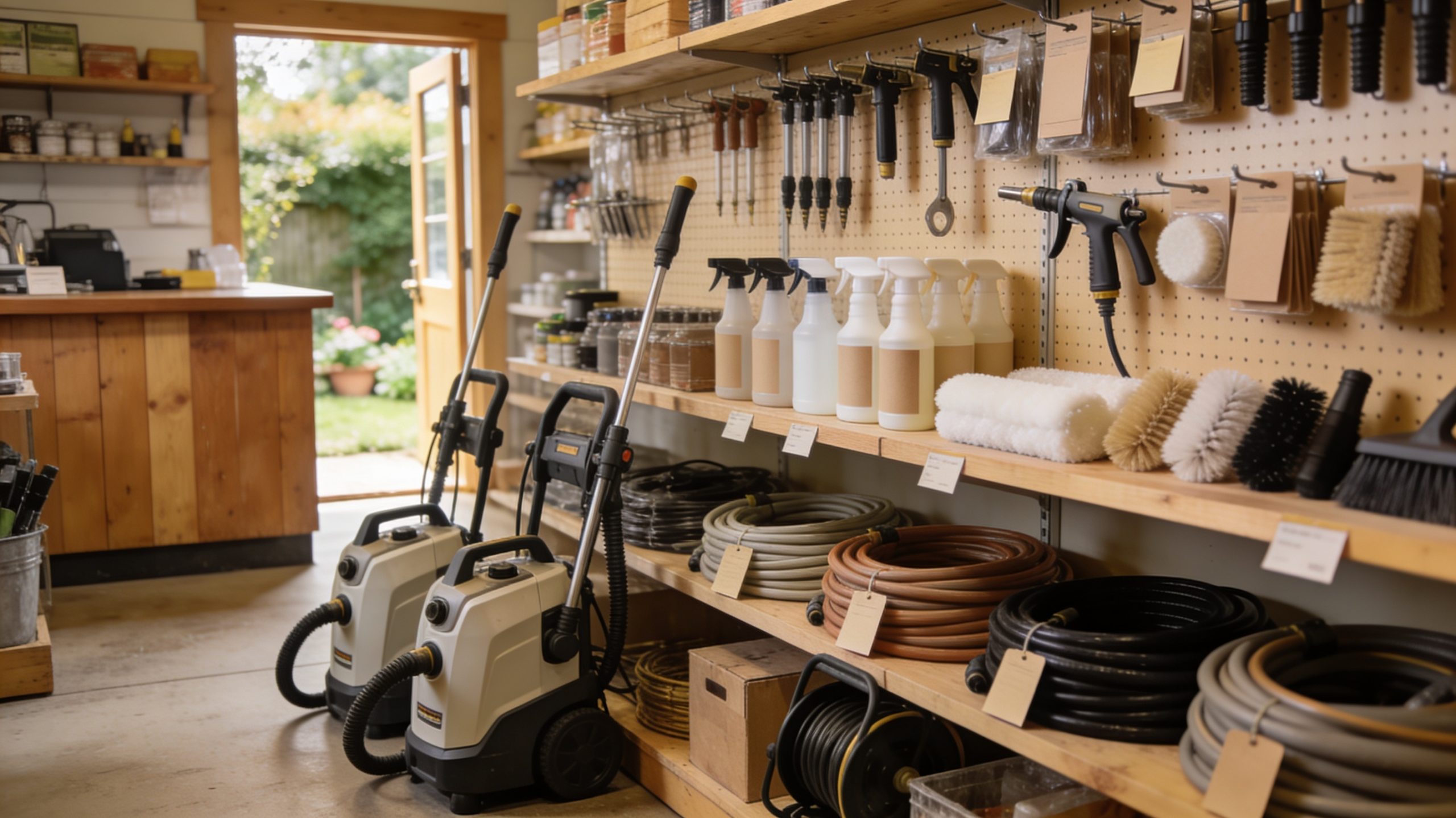 Outdoor cleaning equipment arranged neatly in a quaint shop setting