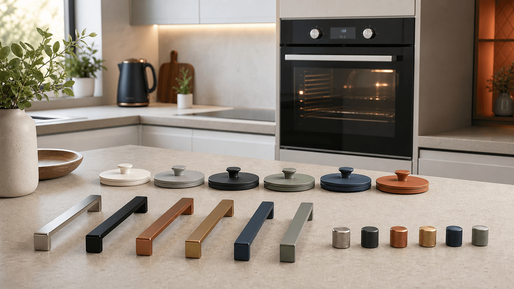 Stylishly accessorised kitchen featuring modern appliances and matching spare parts like colourful kettle lids and sleek oven handles