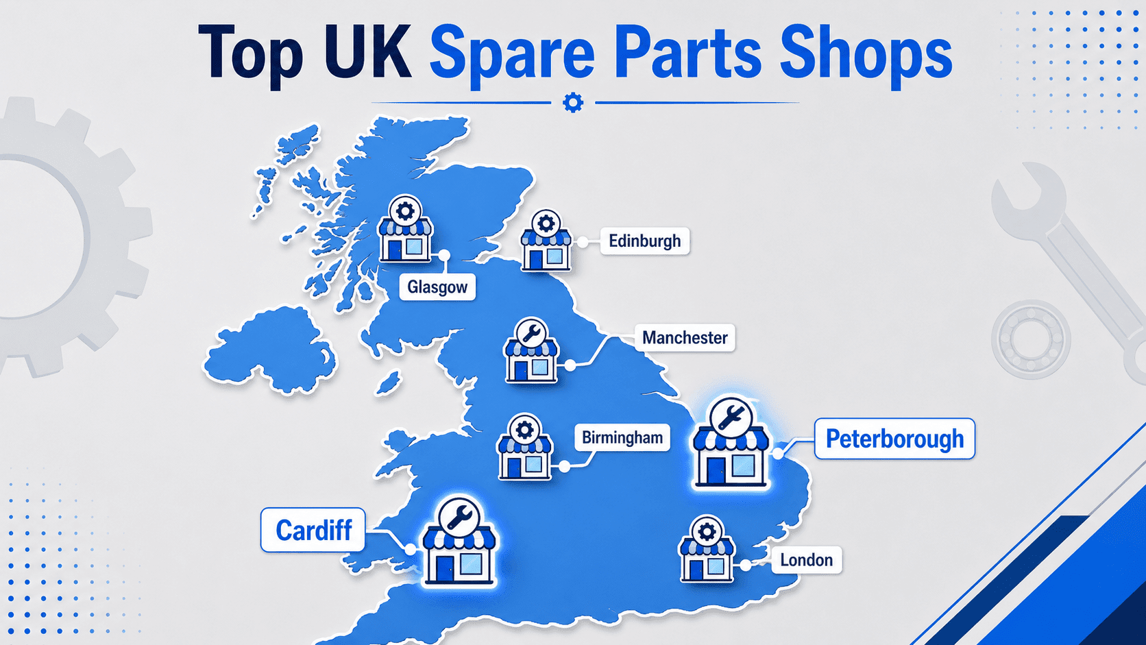 Map of the UK highlighting top-rated spare parts shops in various cities, with icons representing each store