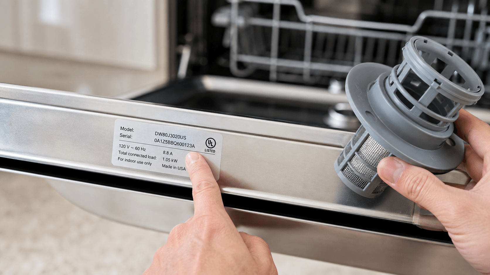 Close-up of a person checking a model number on an appliance label while holding a matching spare part