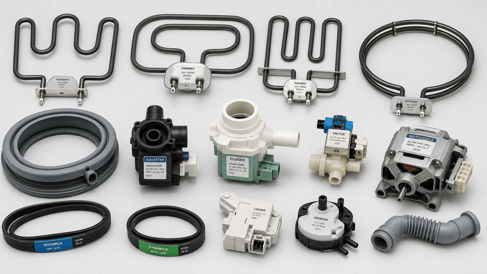 Collection of essential spare parts like oven knobs, dishwasher filters, and fridge shelves laid out on a kitchen counter