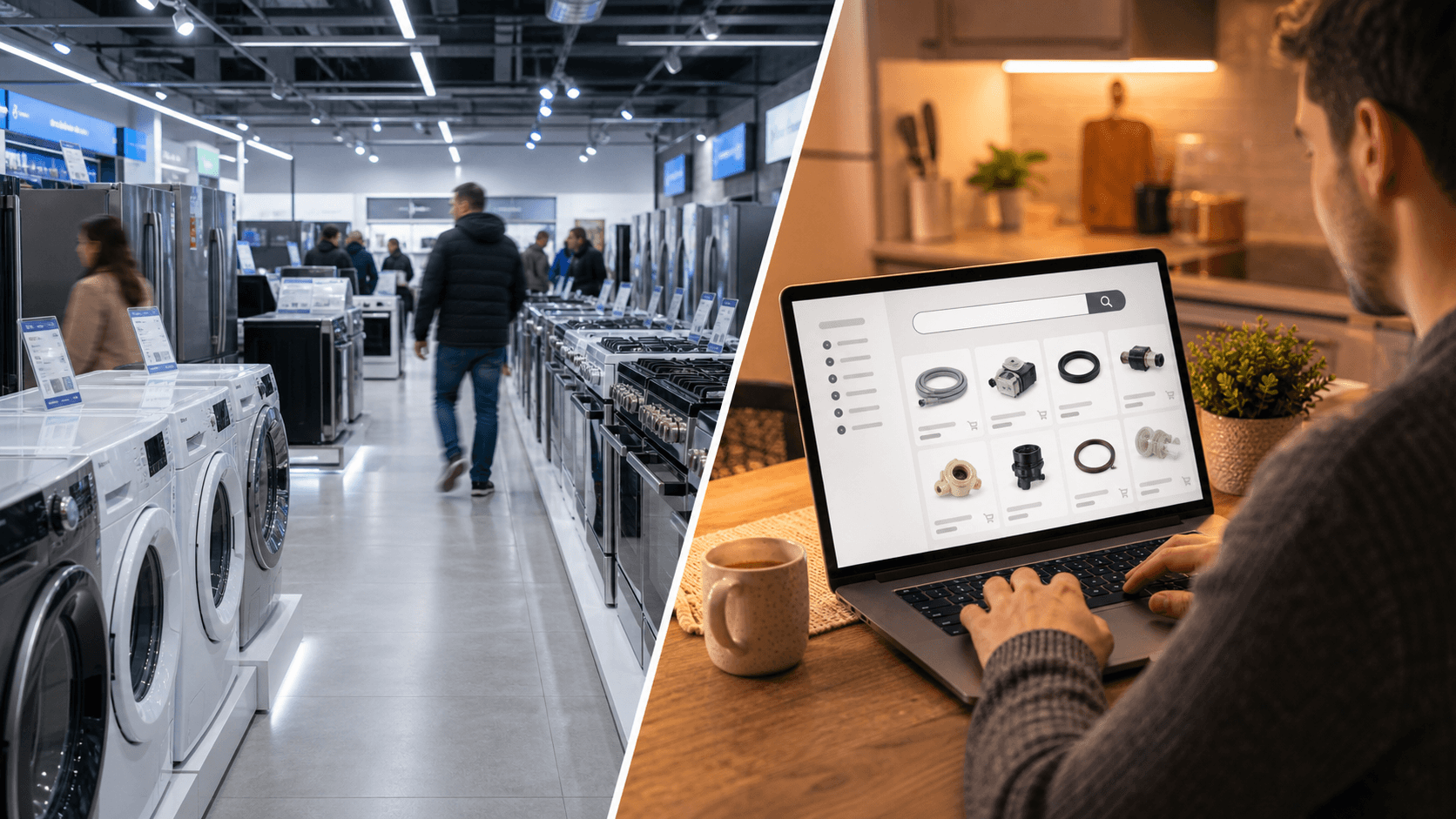 Comparison between a bustling appliance showroom and a person browsing appliance spares on a laptop from home