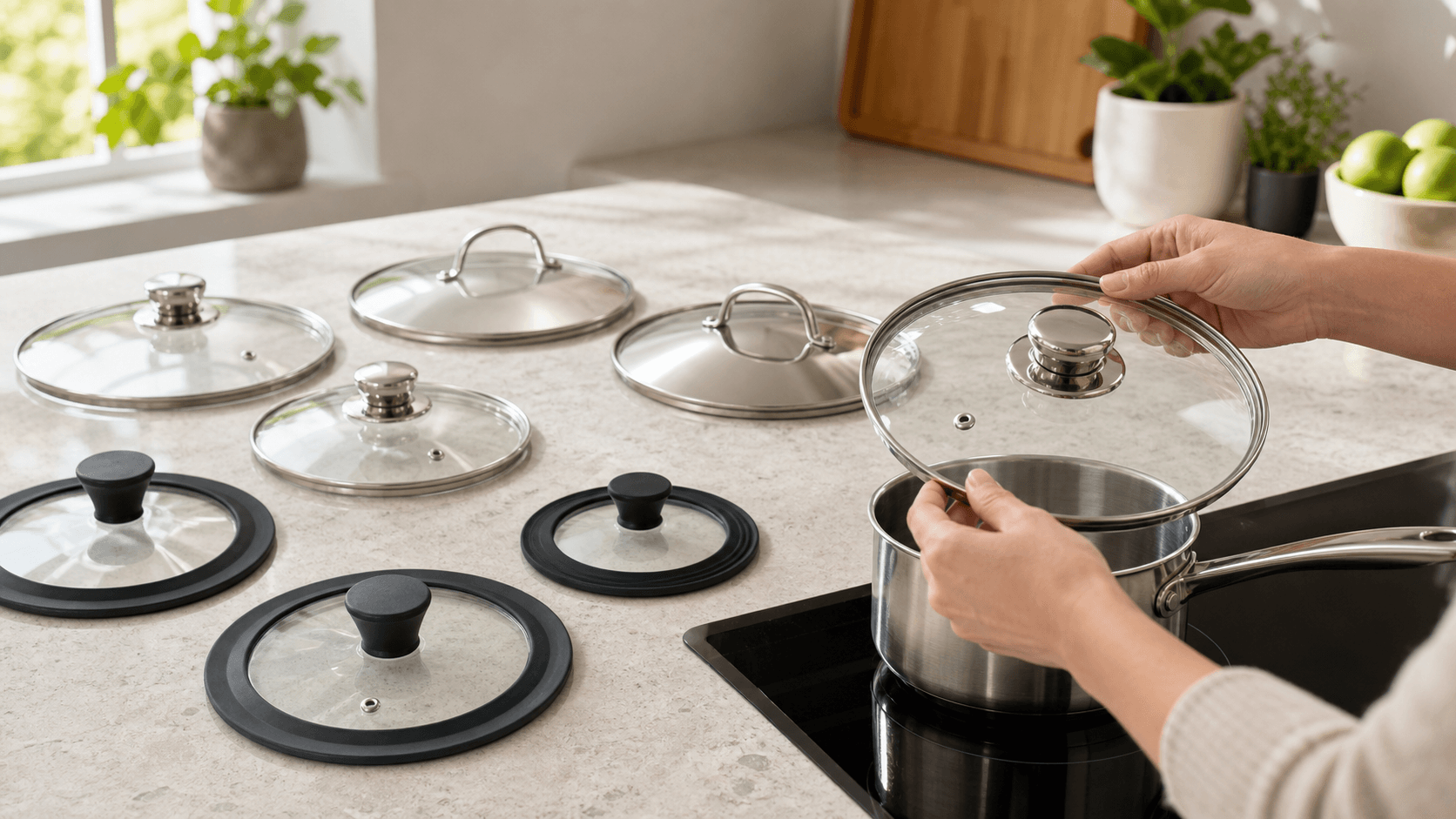 Variety of cooker lids in different sizes and materials displayed on a kitchen worktop, with a person selecting the right fit