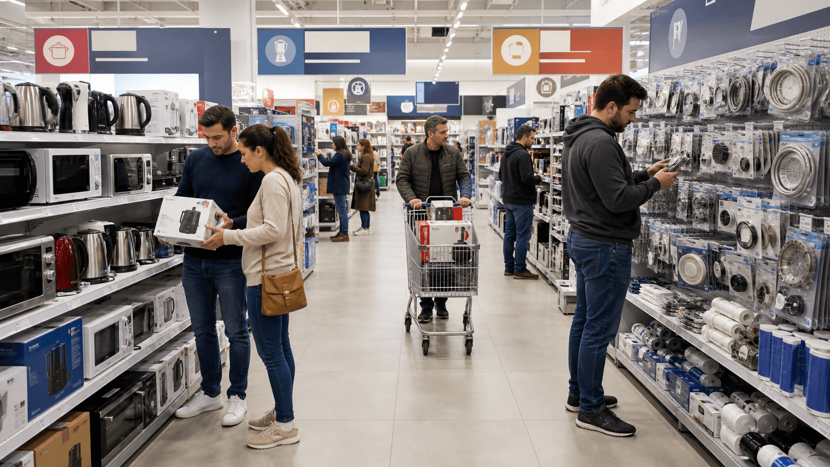 Busy aisle in an appliance store with customers examining different kitchen products and spare parts