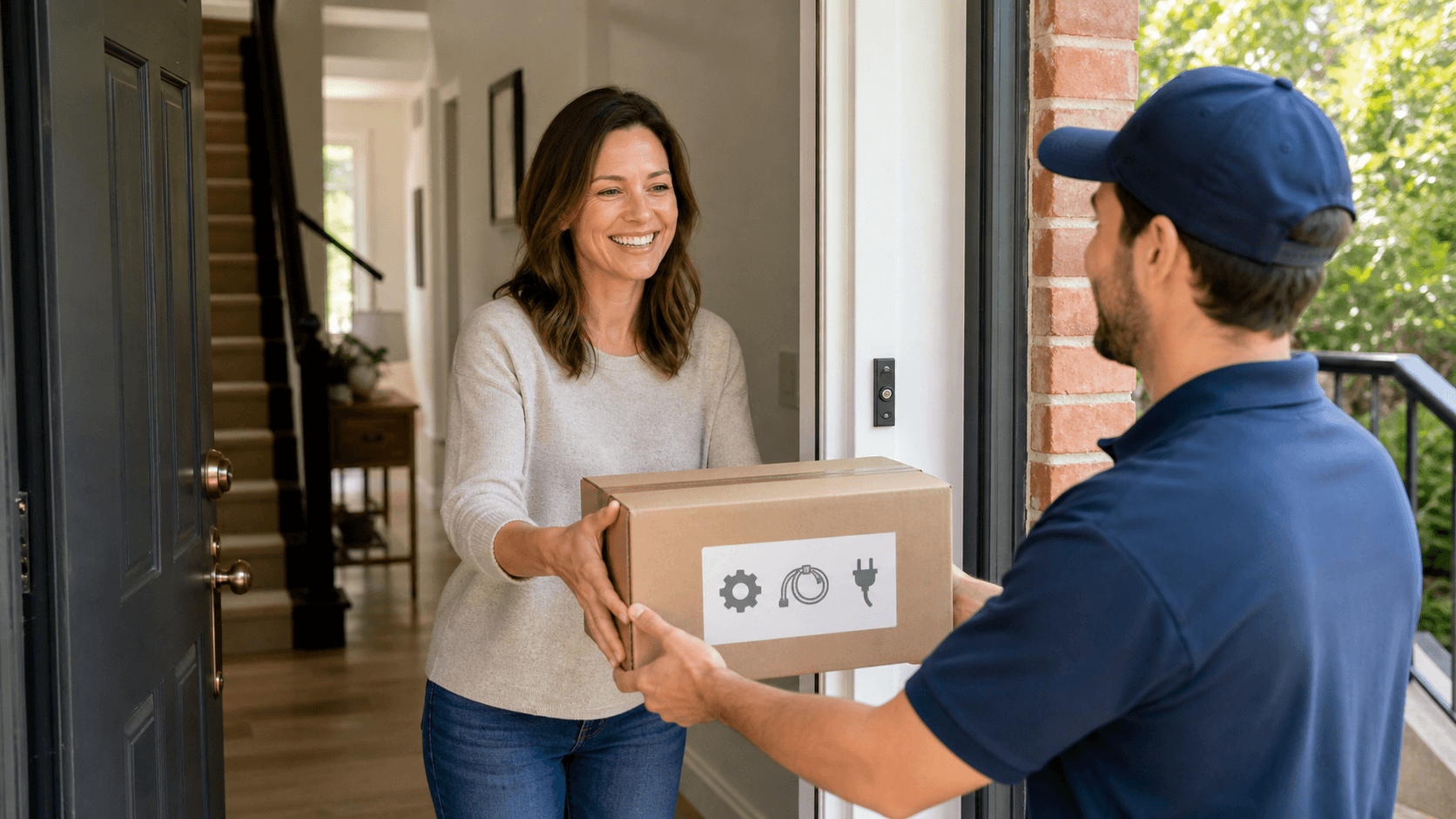 Happy customer receiving a package of appliance spares from a delivery person at the doorstep