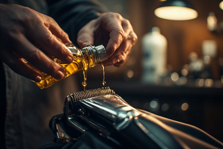 Barber carefully applying oil to a clipper blade, ensuring smooth operation