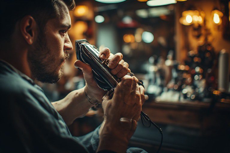 Barber examining a clipper closely, identifying potential maintenance problems