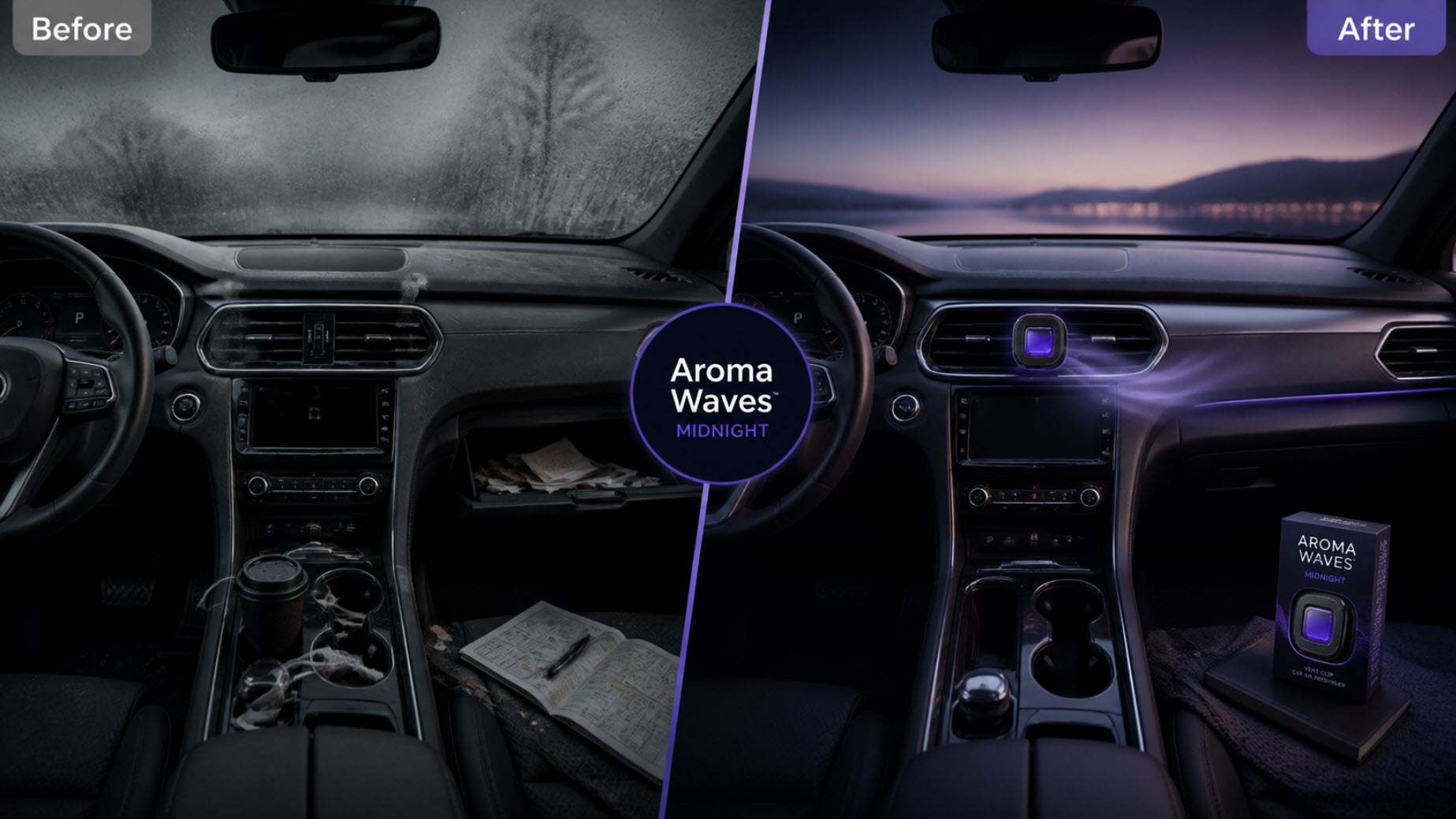 A close-up of the Aroma Waves vent clip attached to a car's air vent, illustrating its sleek design and ease of use.