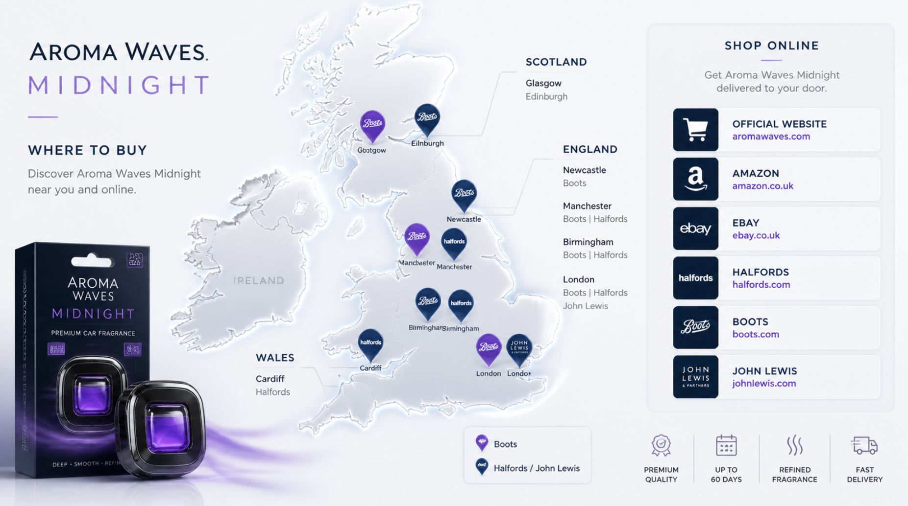 Map of the UK with highlighted retail locations and online platforms where Aroma Waves' Midnight can be purchased.