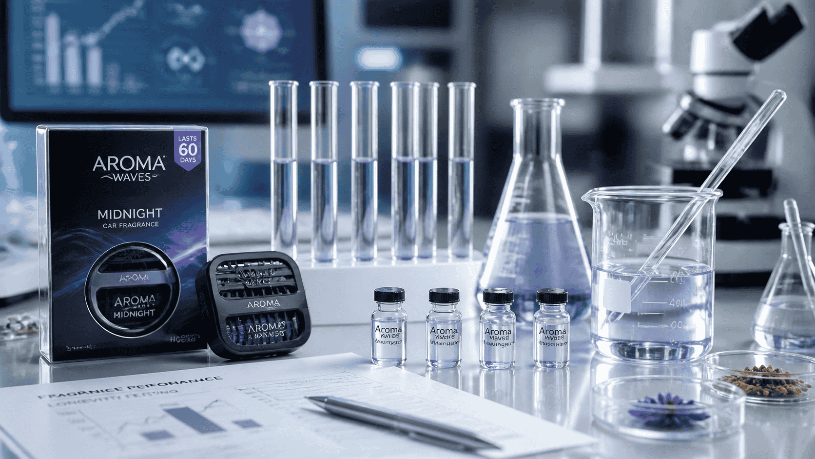 Close-up of a laboratory setting with test tubes and fragrance samples, highlighting the scientific process behind Aroma Waves' long-lasting scent.
