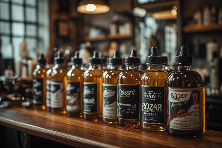 Collection of clipper oil bottles neatly arranged on a barber's workstation, ready for use