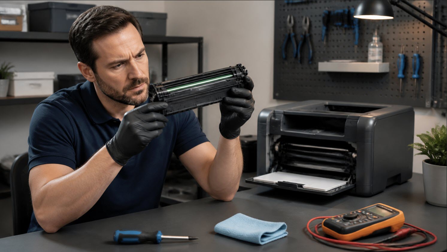 Person cleaning a printer's interior to ensure better cartridge performance