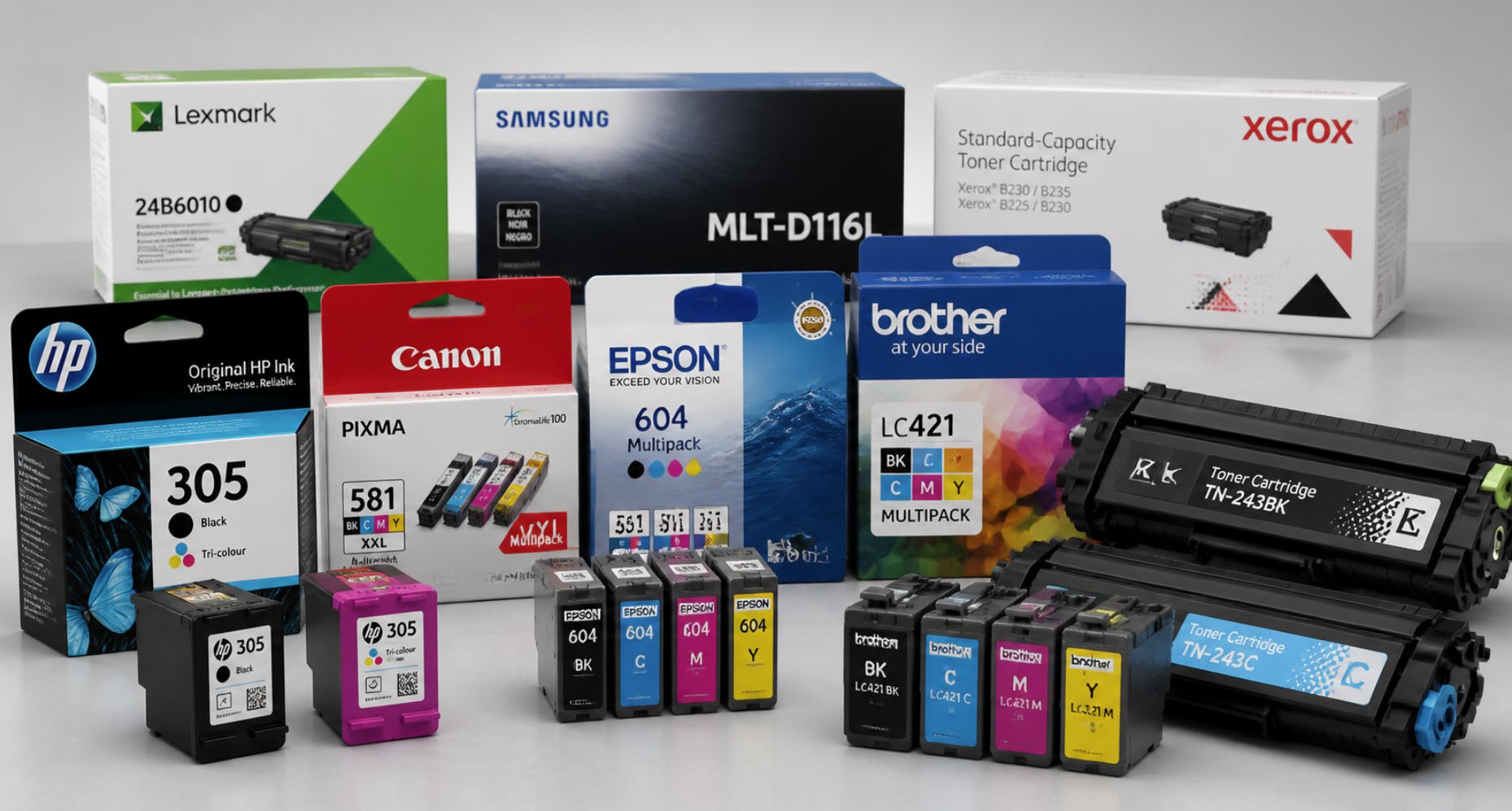 Assortment of printer ink and toner cartridges from leading UK brands