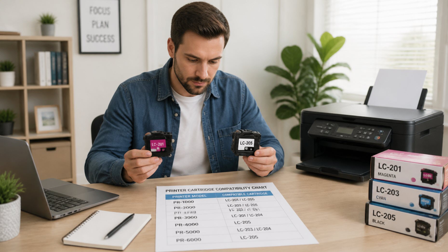 A person comparing printer cartridges with a printer model compatibility list