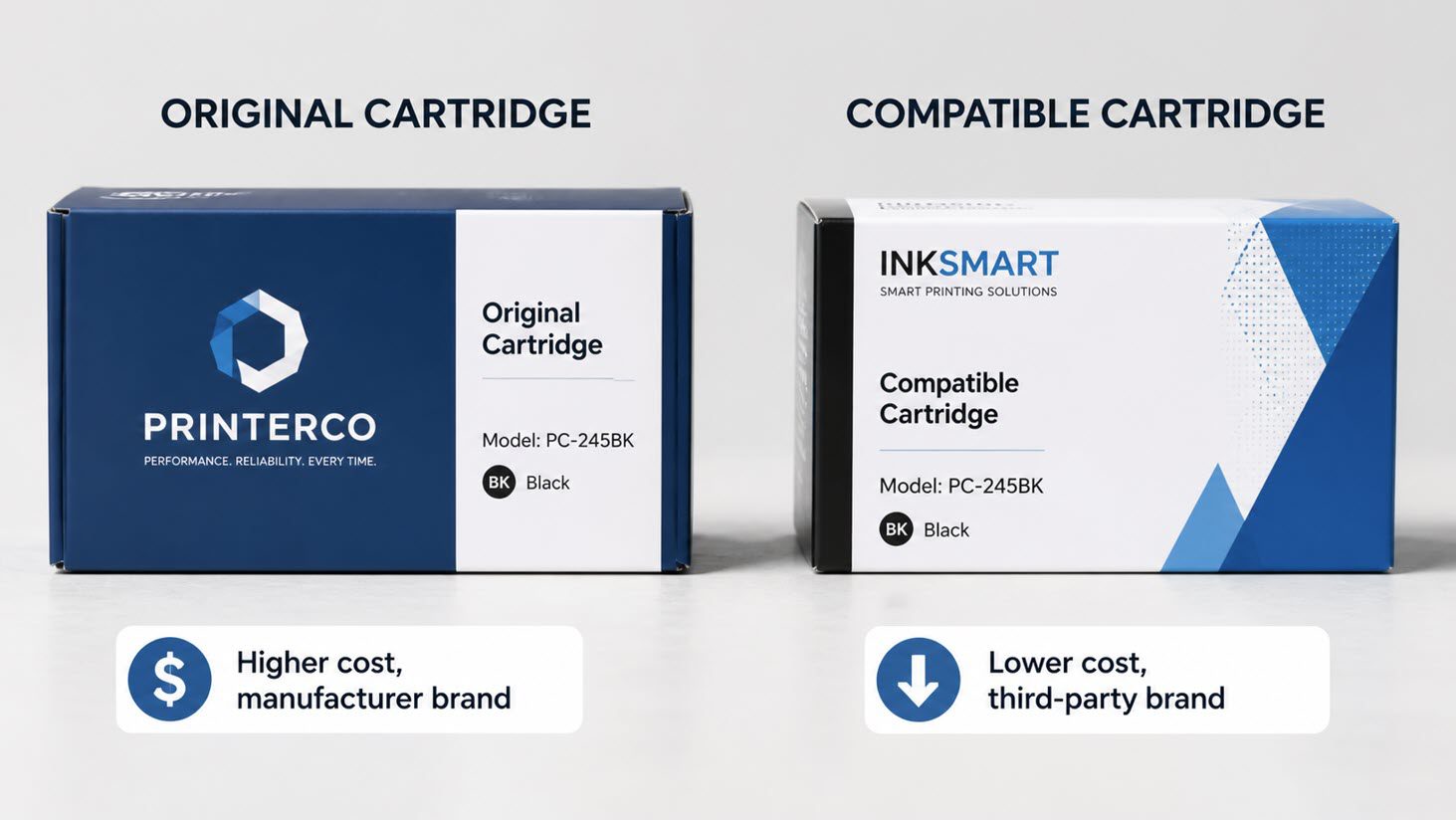 Side-by-side comparison of an original and a compatible printer cartridge