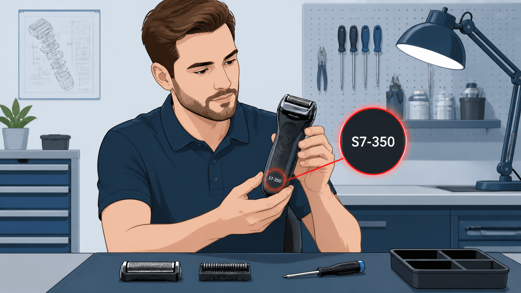 Technician holding a shaver with a visible model number, ready to perform repairs or suggest replacements based on the specific model.