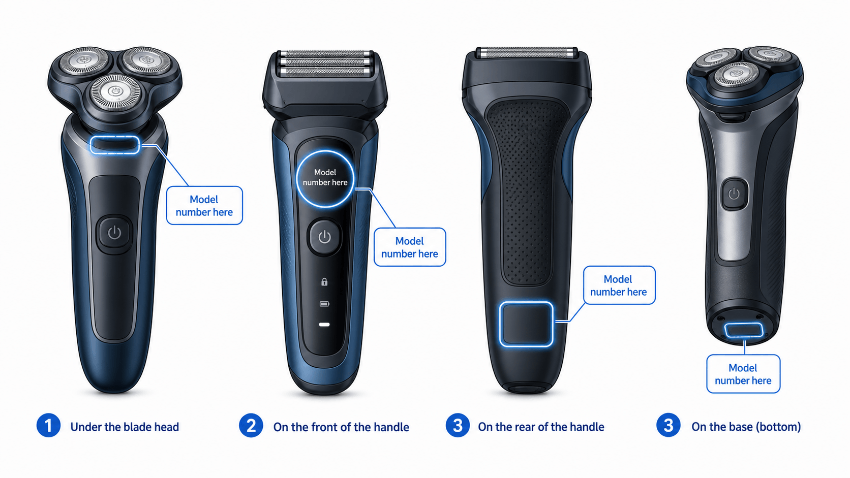 Various shaver models showing highlighted areas where model numbers are typically located, such as under the blade head or on the handle.