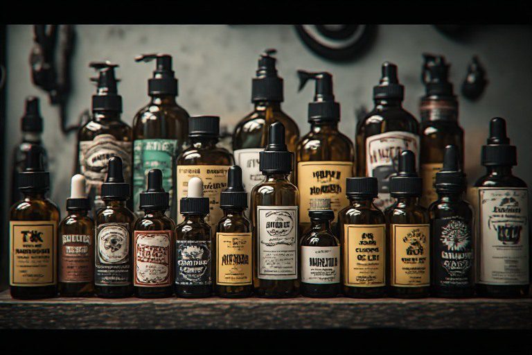 Diverse assortment of clipper oils displayed on a shelf, highlighting different brands and types