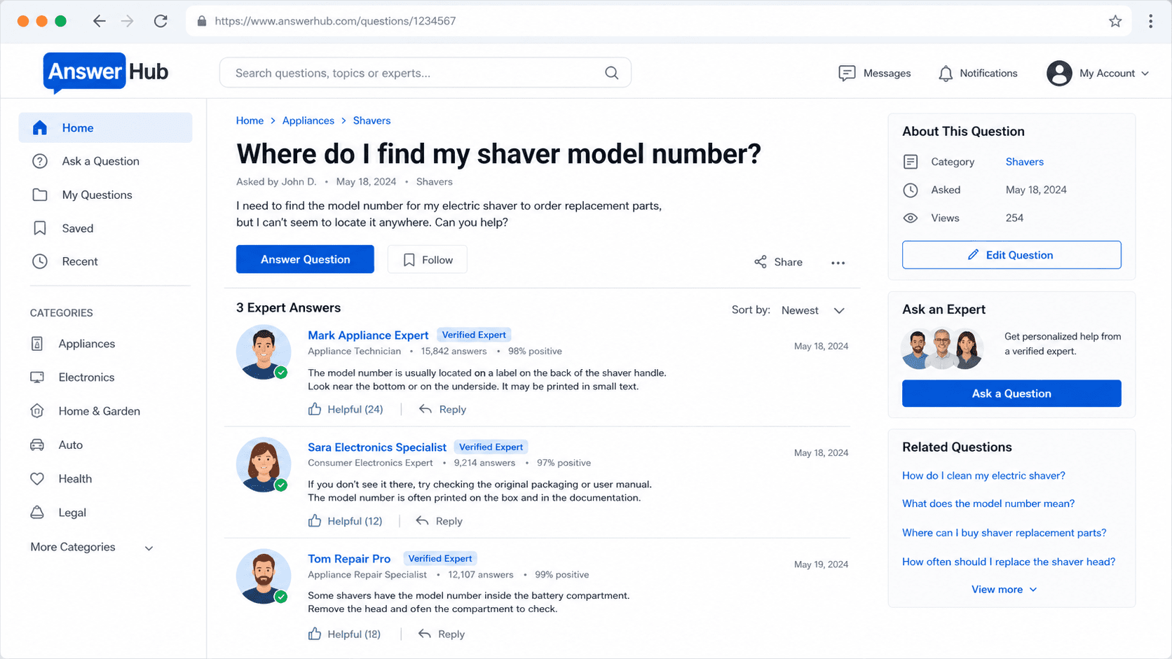 Screenshot of a JustAnswer platform interface, showcasing a user inquiry about shaver model numbers and expert responses.