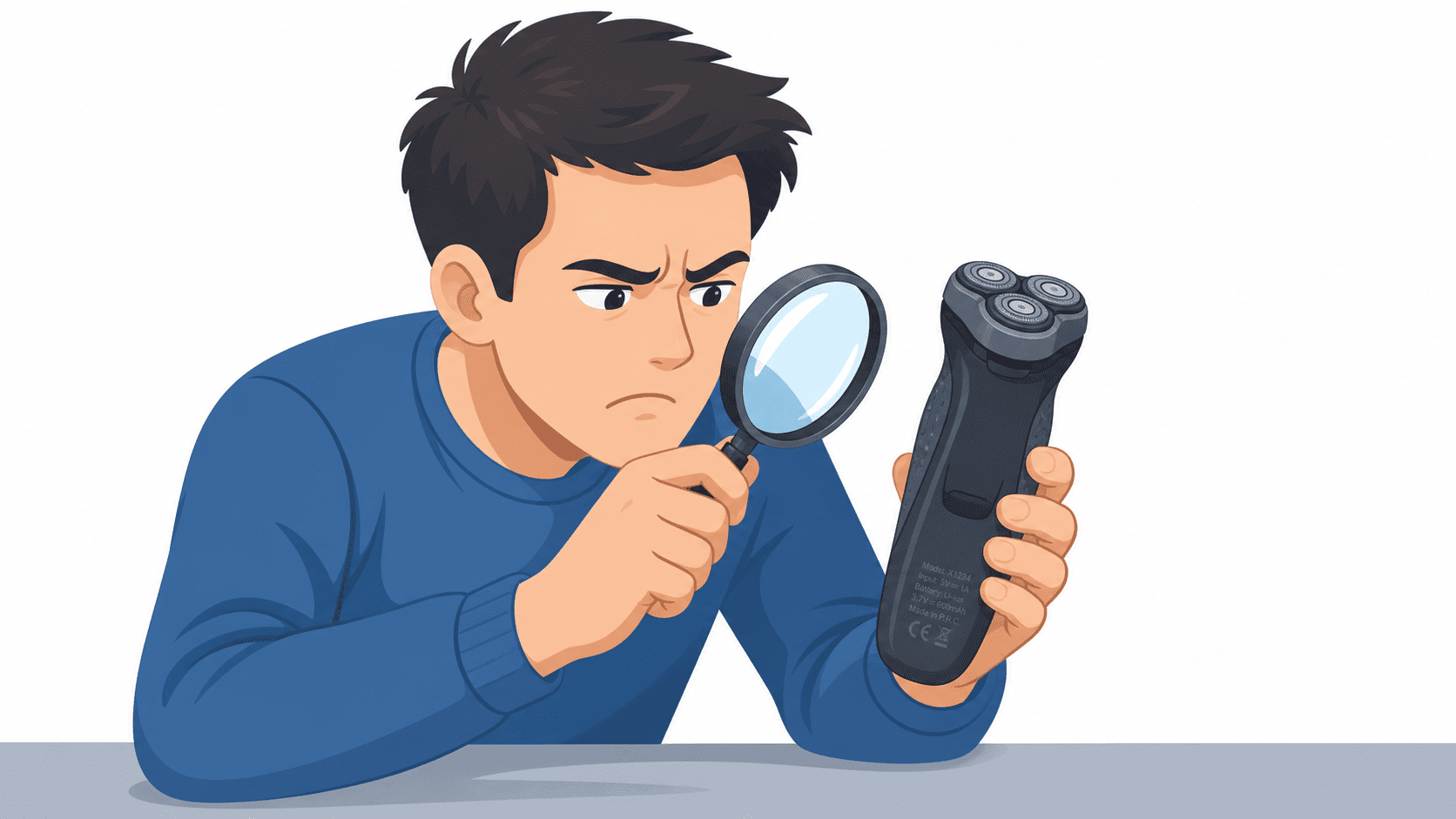 Frustrated user examining a shaver closely, with a magnifying glass in hand, symbolising the challenge of locating hard-to-find model numbers.