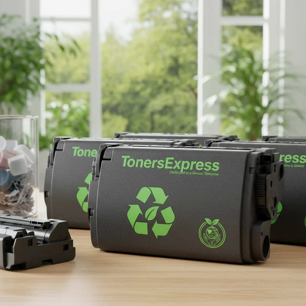 Eco-friendly toner cartridges with recycling symbols, emphasising TonersExpress’ environmental dedication.