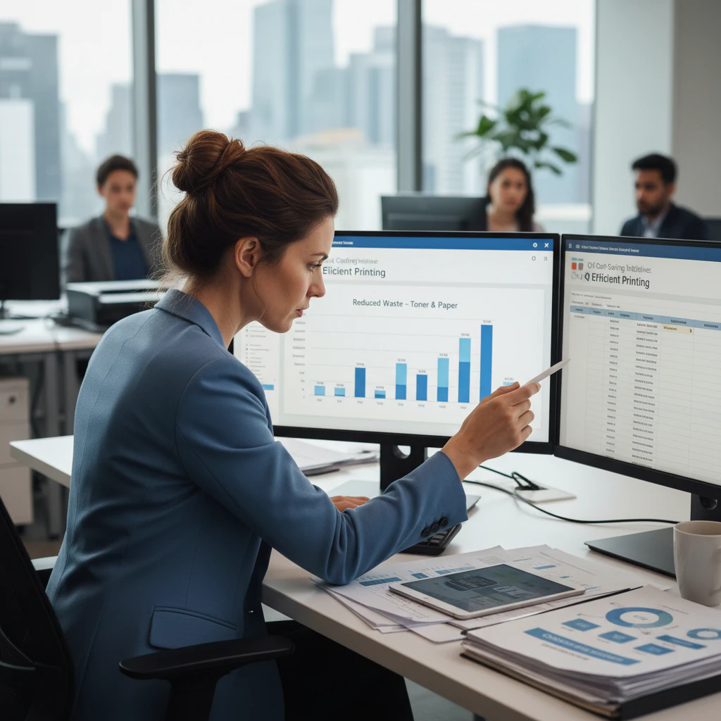 Business analyst reviewing cost-saving reports related to efficient printing practices.