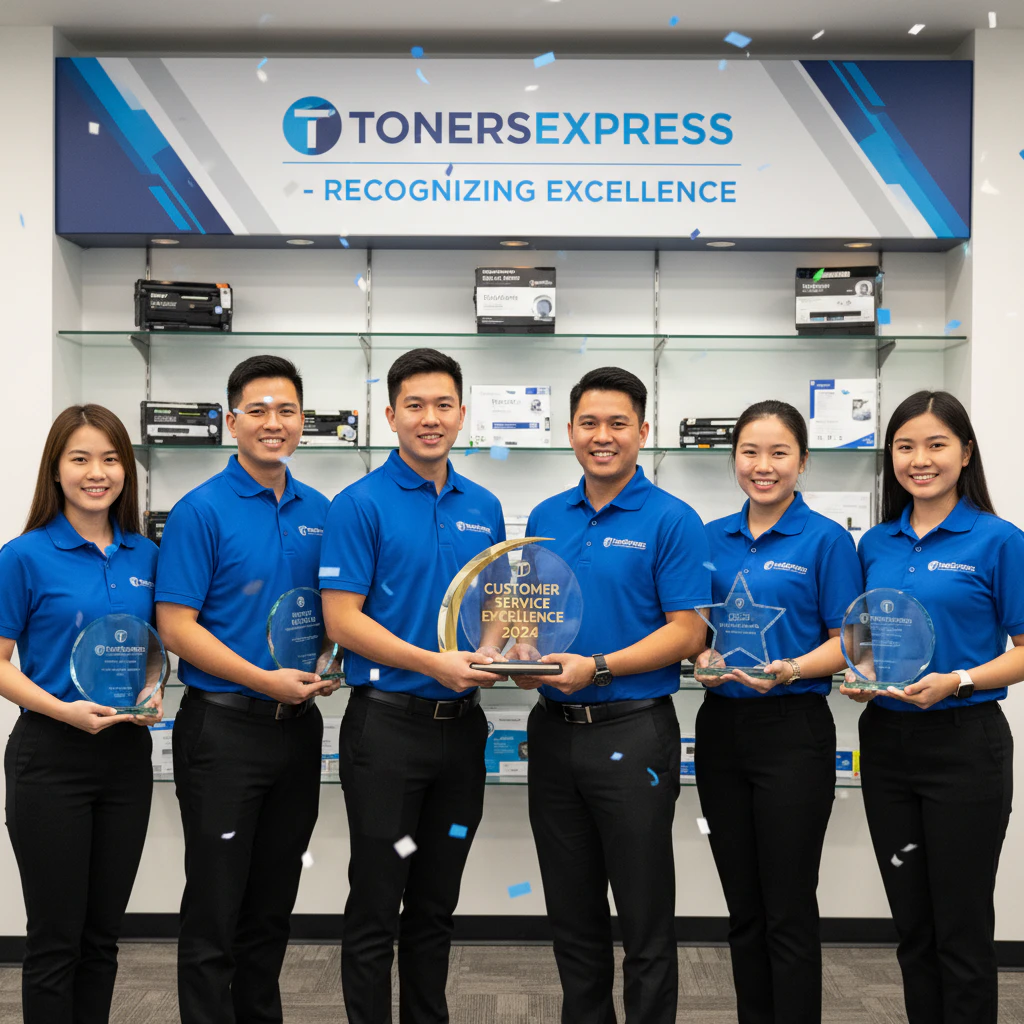 TonersExpress team showcasing awards for excellence in customer service and product quality.