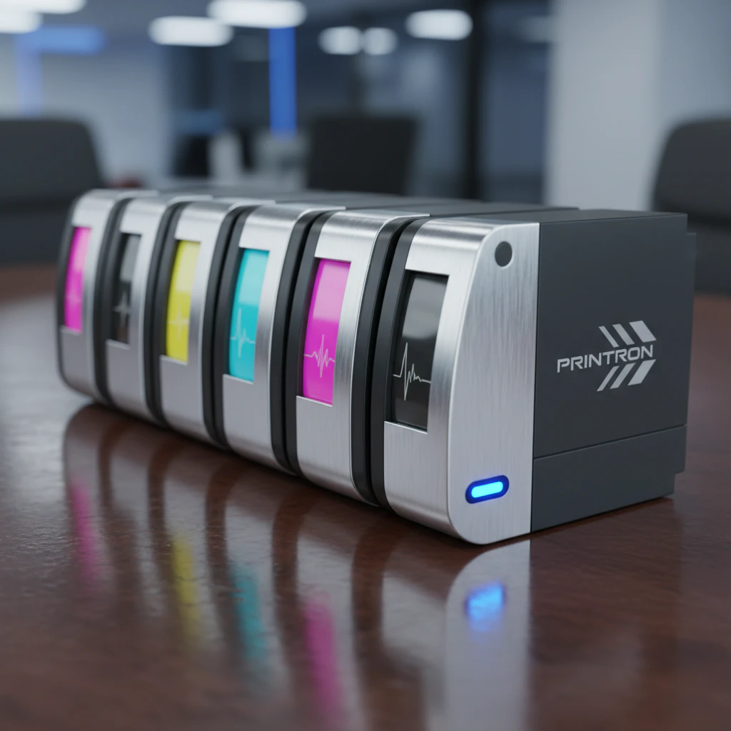Close-up of high-quality toner cartridges lined up on a desk, reflecting reliability and performance.