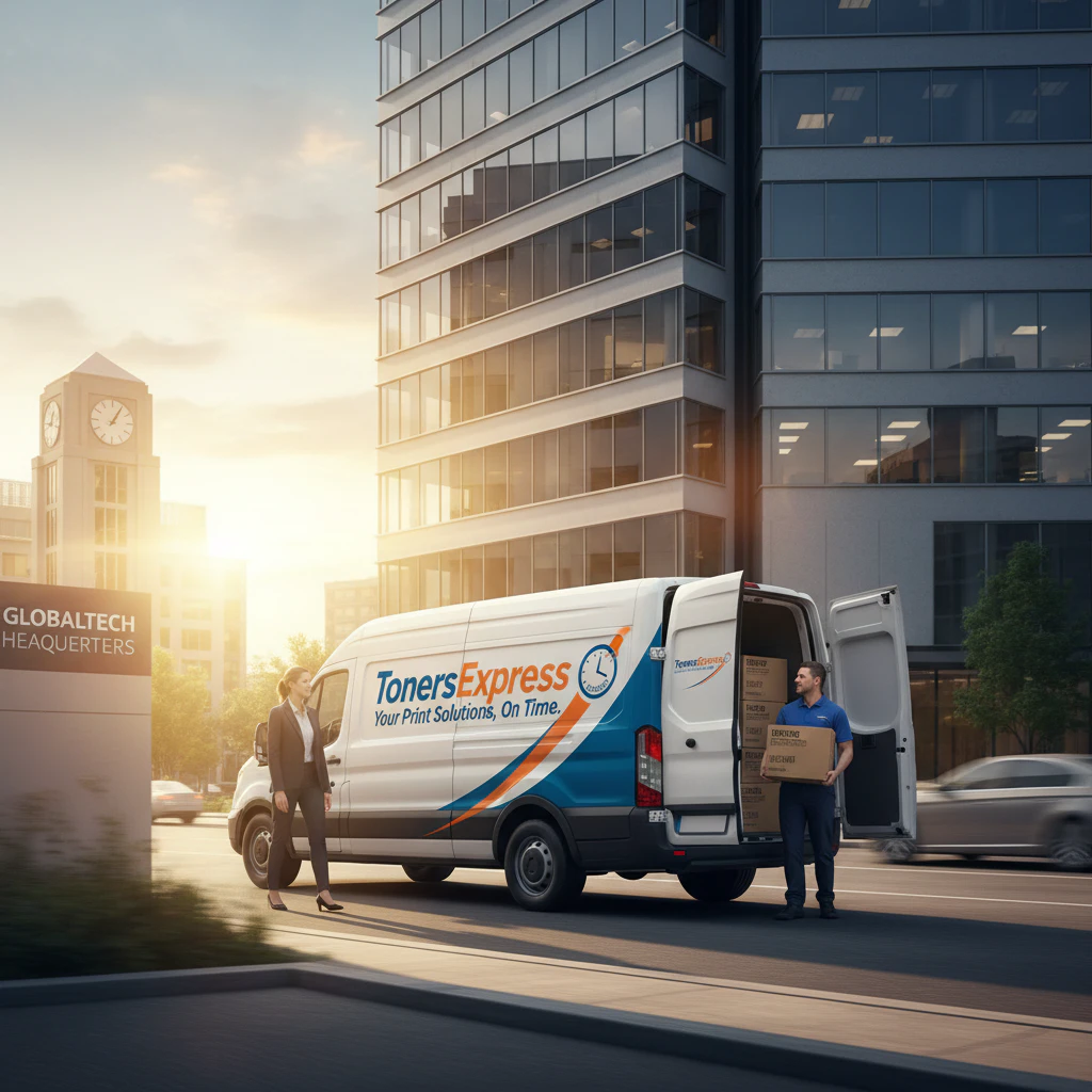 Delivery van with TonersExpress branding arriving at a corporate office, symbolising timely service.