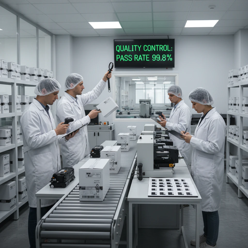 Quality control team inspecting toner cartridges to maintain high standards.