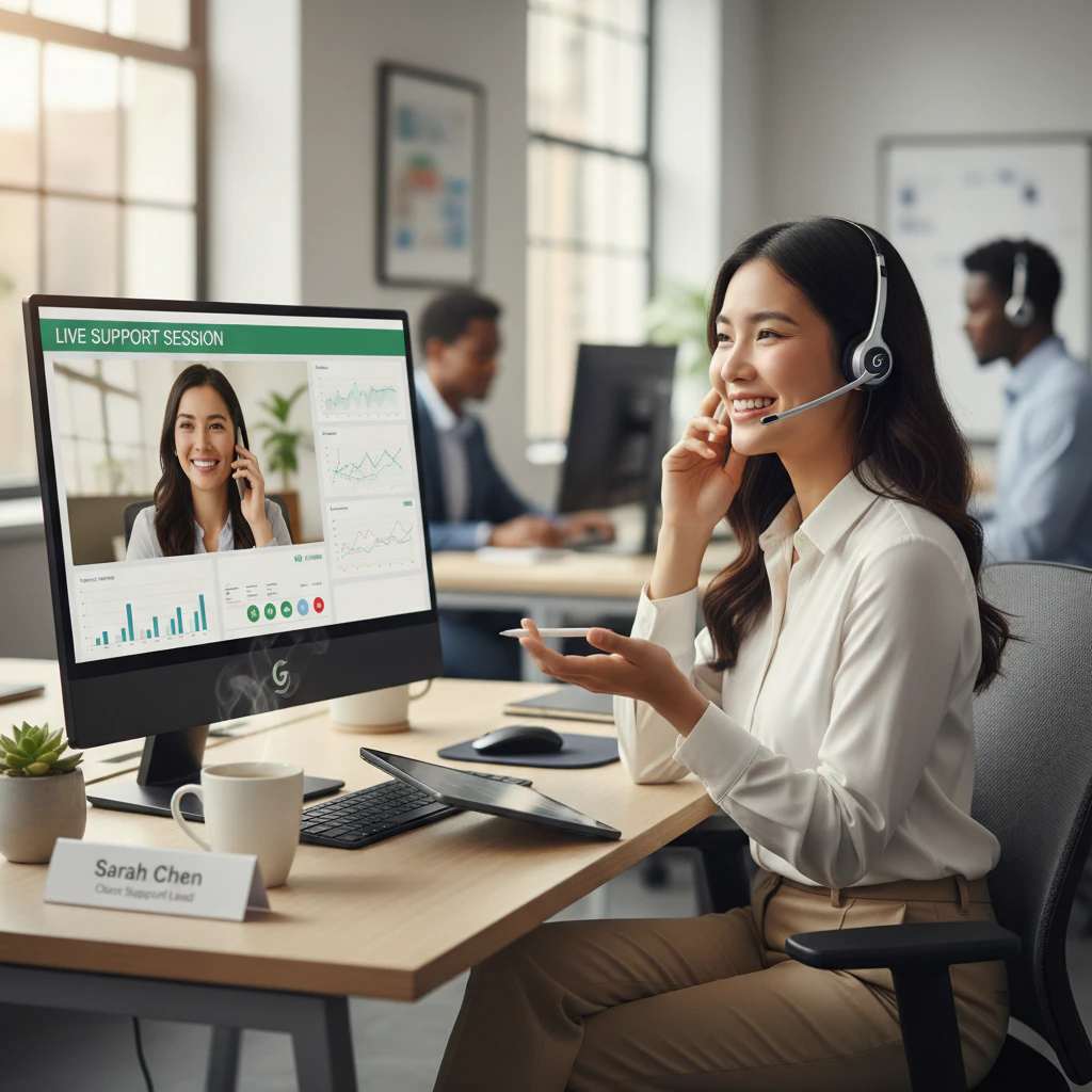Friendly customer service representative assisting a client over the phone, ensuring top-notch support.