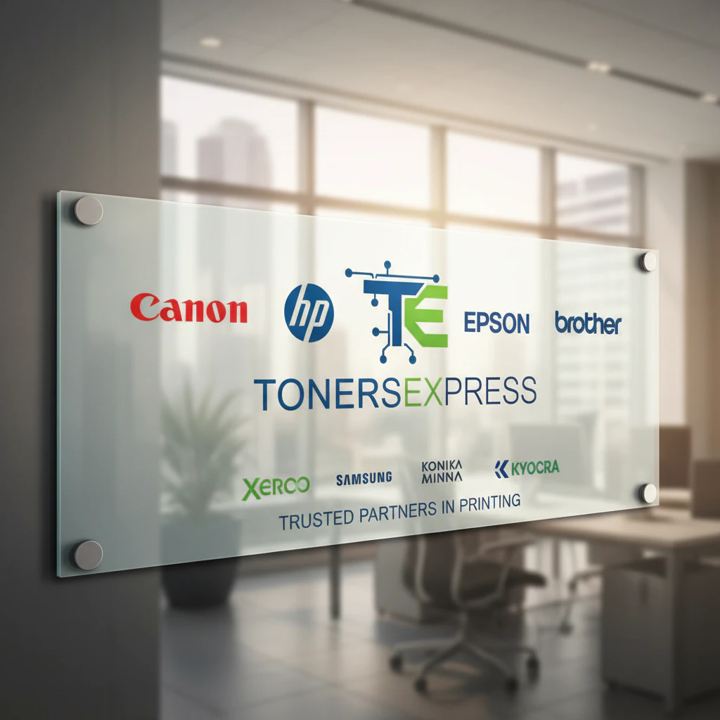 Logos of well-known brands alongside TonersExpress branding, signifying trust and partnership.