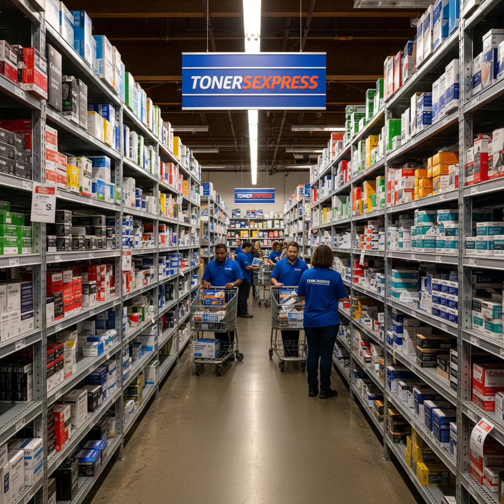 Wide array of toner and ink cartridges on shelves, illustrating the extensive selection at TonersExpress.