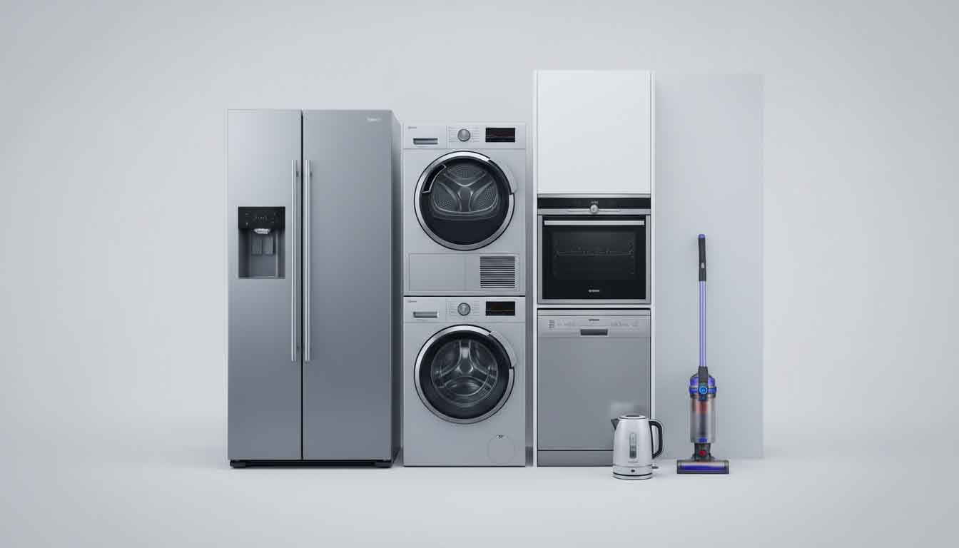 Collage of various household appliances, including a washing machine, refrigerator, and oven, representing diverse categories