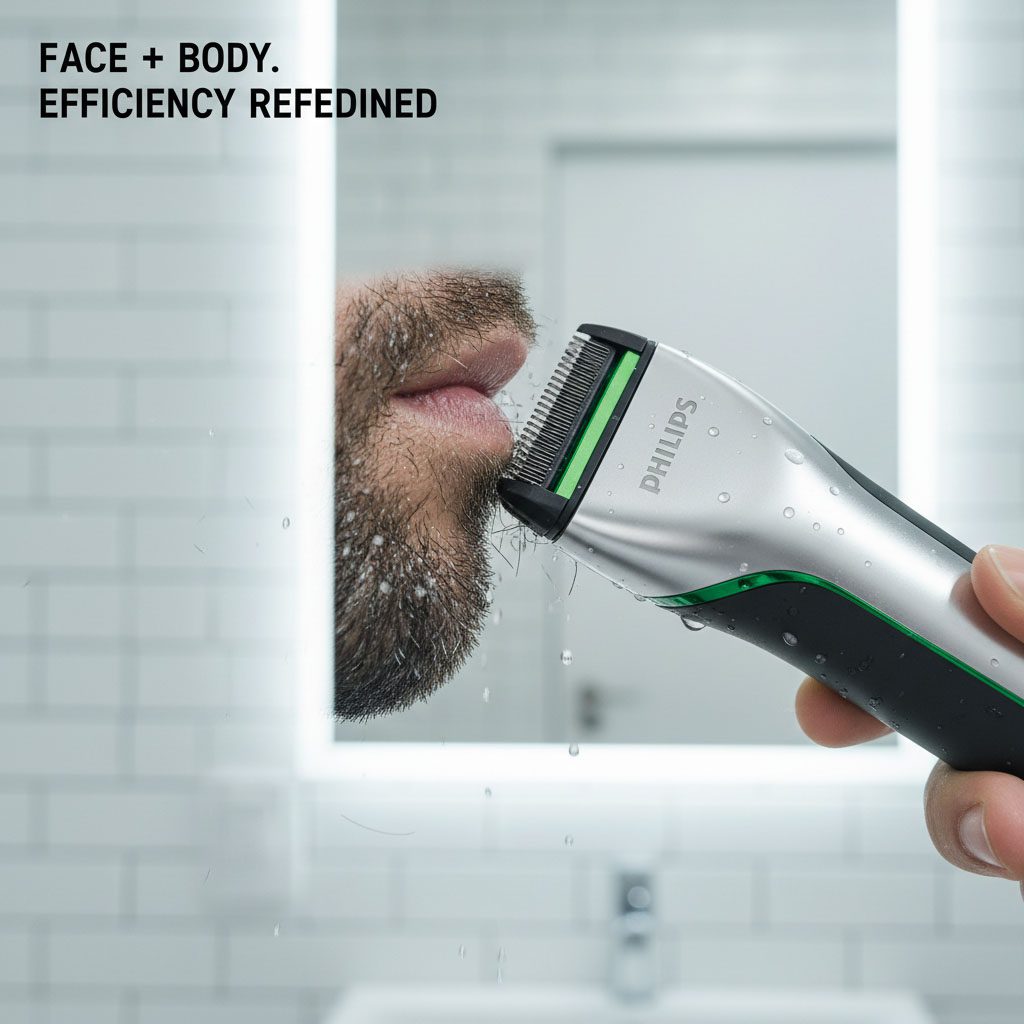 Close-up of Philips OneBlade cutting through thick facial hair, demonstrating its efficiency and versatility for face and body grooming.