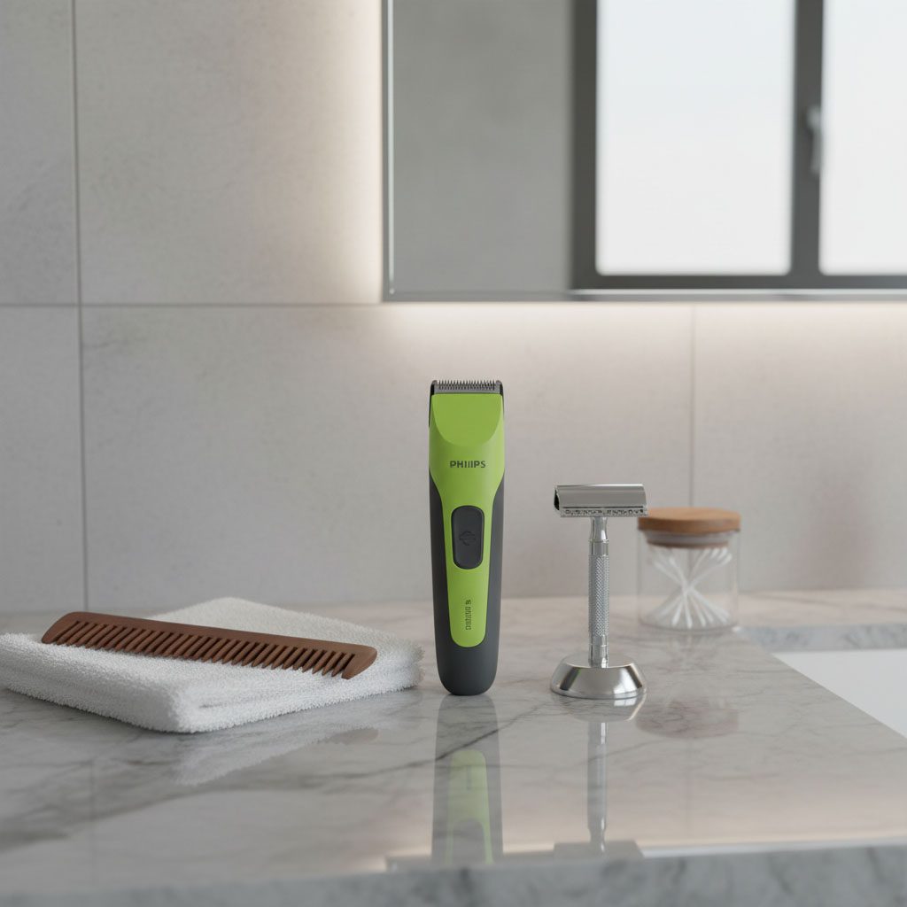 Philips OneBlade trimmer on a sleek bathroom counter, surrounded by grooming accessories, highlighting its stylish design and ease of use.