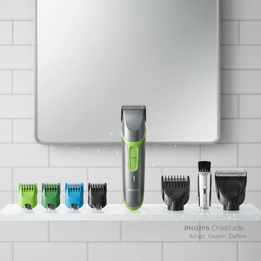 Philips OneBlade with interchangeable blades and attachments, illustrating its adaptability for various grooming needs.